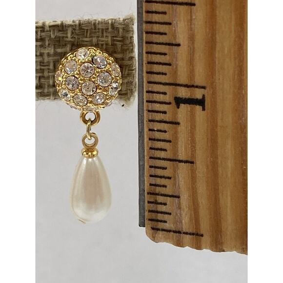 Vintage Earrings Dangles Drops Faux Pearl Drops Rhinestone Unmarked - Picture 5 of 8